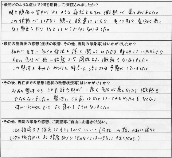 頭痛、背中のはり、微熱(原因不明)